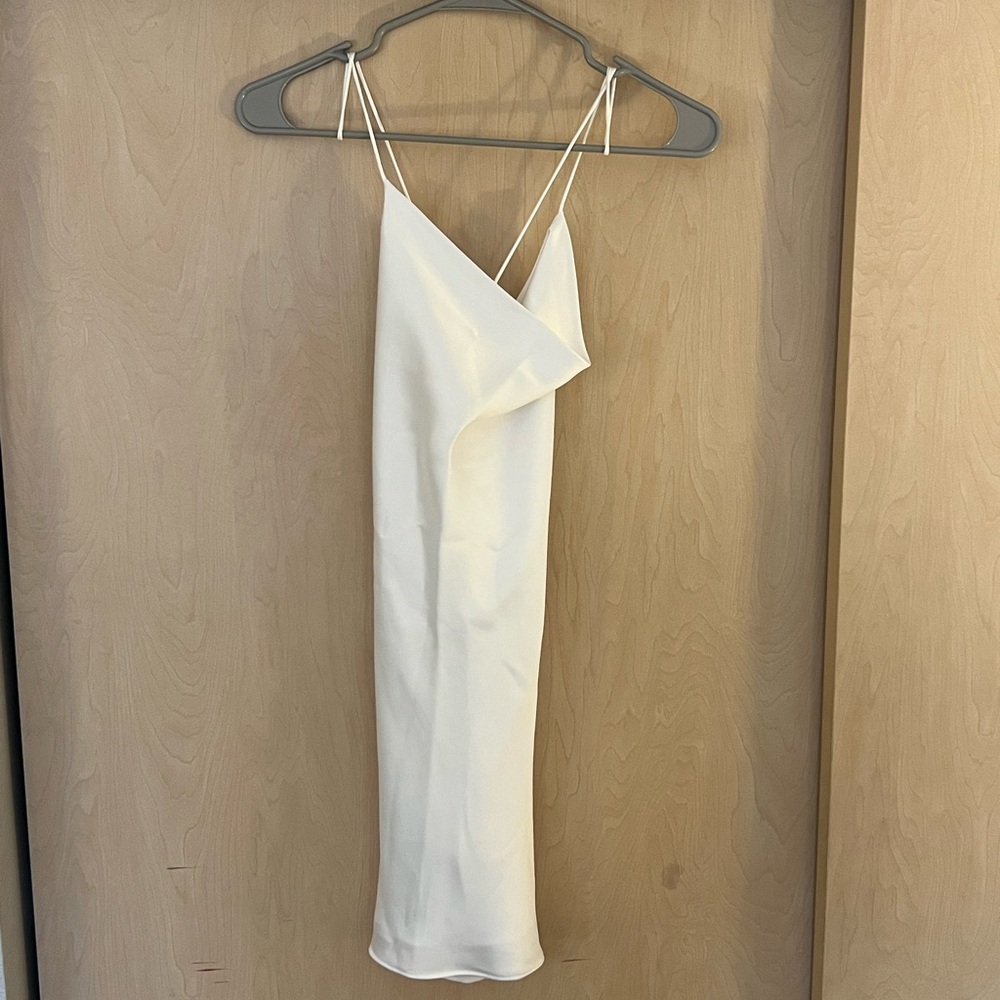 Zara White Ribbed Midi Dress with Asymmetrical Neckline for Cocktail